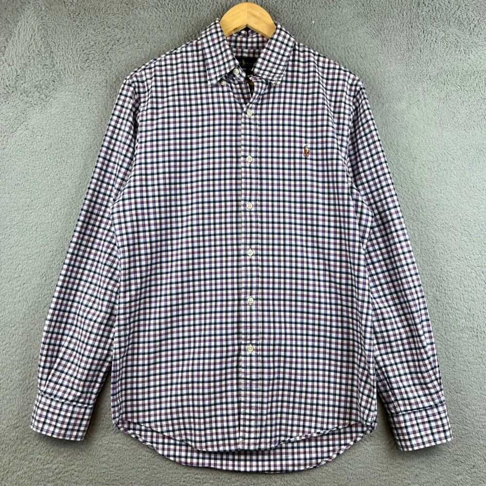Polo Ralph Lauren Slim Fit Stretch Oxford Shirt Mens Medium Purple Orange Check